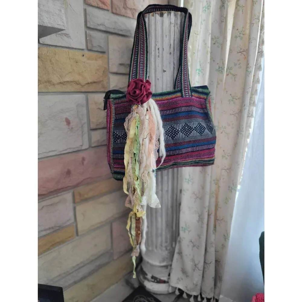 Unique embellished boho hippy purse vibrant colors and lace strands